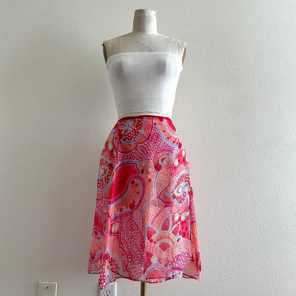 handmade red/pink sheer retro abstract cover up wrap mini-midi skirt